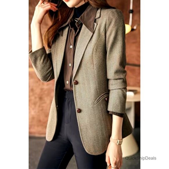 Wool Blend Blazer Notched Lapel Slim Fit Herringbone Pattern Single Breasted - Picture 2 of 6